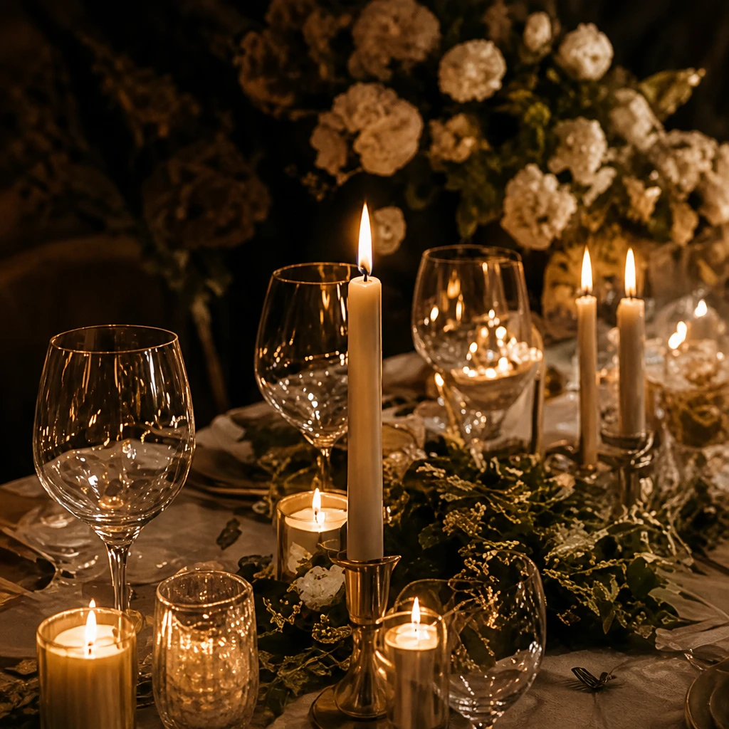 Romantisch gedekte dinertafel met brandende kaarsen, wijnglazen en witte bloemen