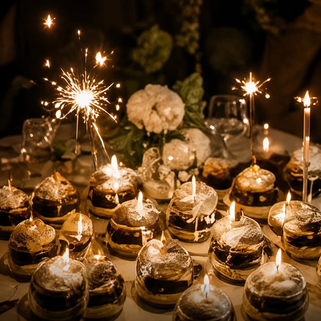 Feestelijke dessertglazen op een donkere tafel, feestelijk aangelicht met sterretjes