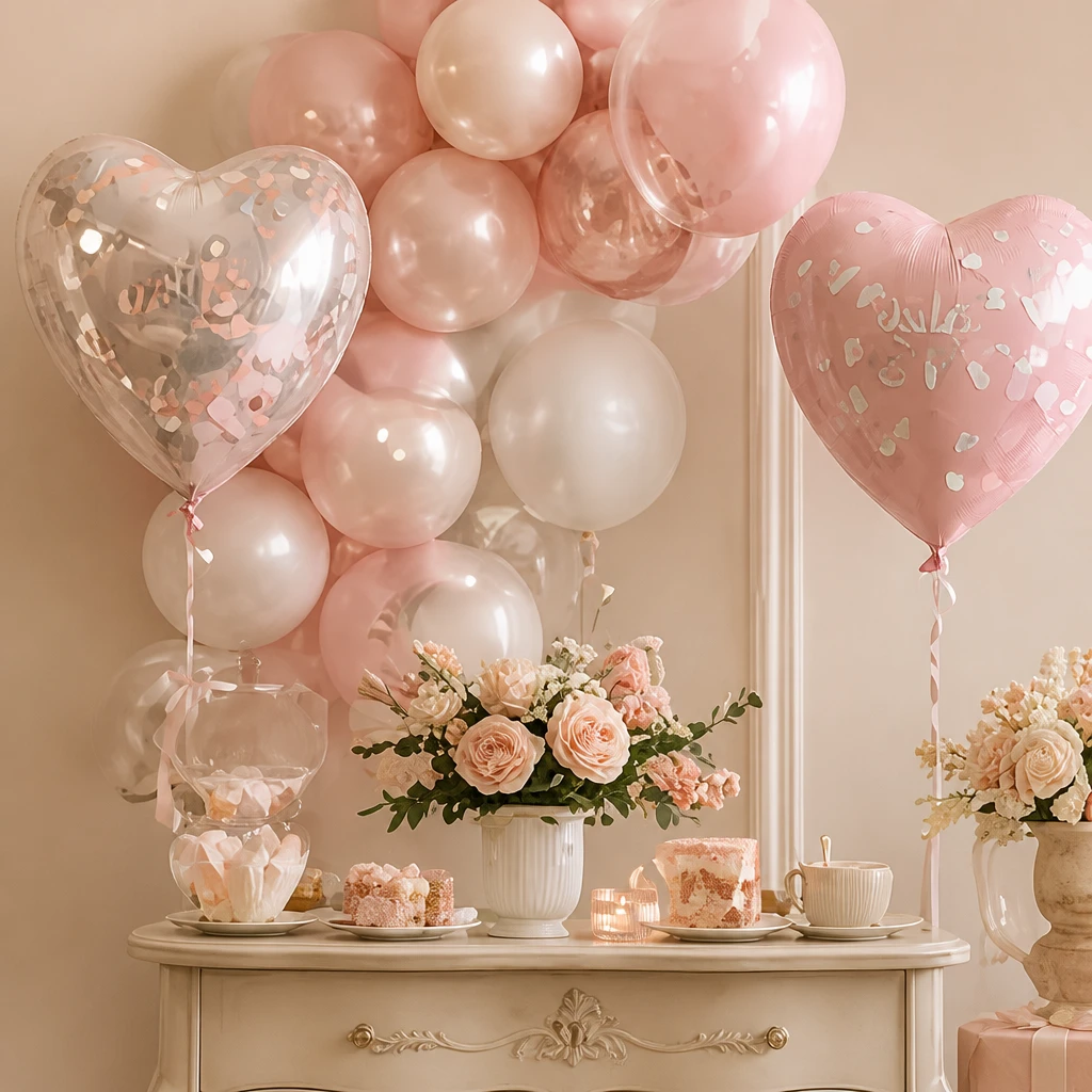 Ballonnenboog in zacht roze met hartballonnen boven een lieflijk gedekte desserttafel