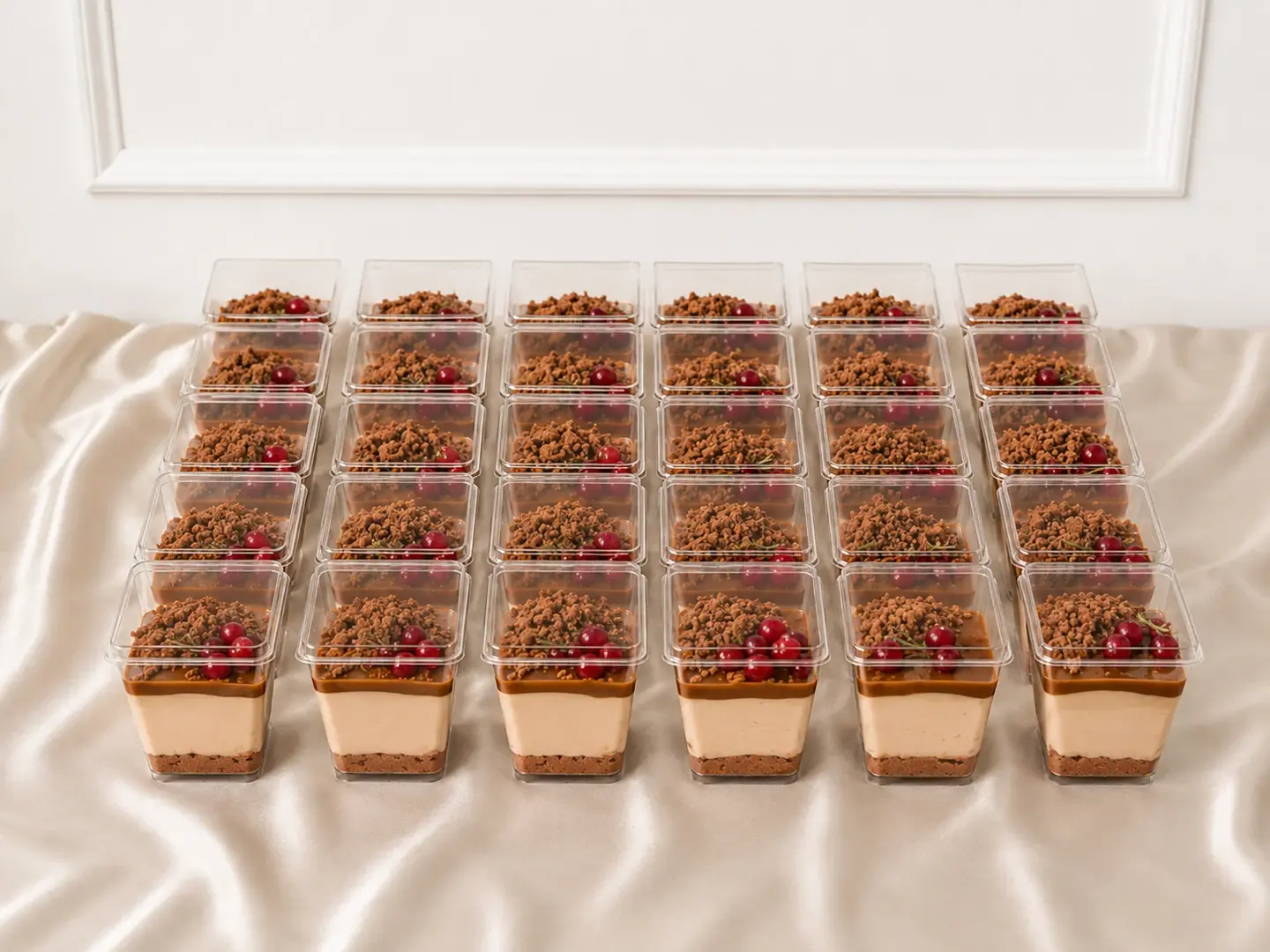 Laagjesdesserts in glaasjes met crumble en rode bessen, klaar om geserveerd te worden