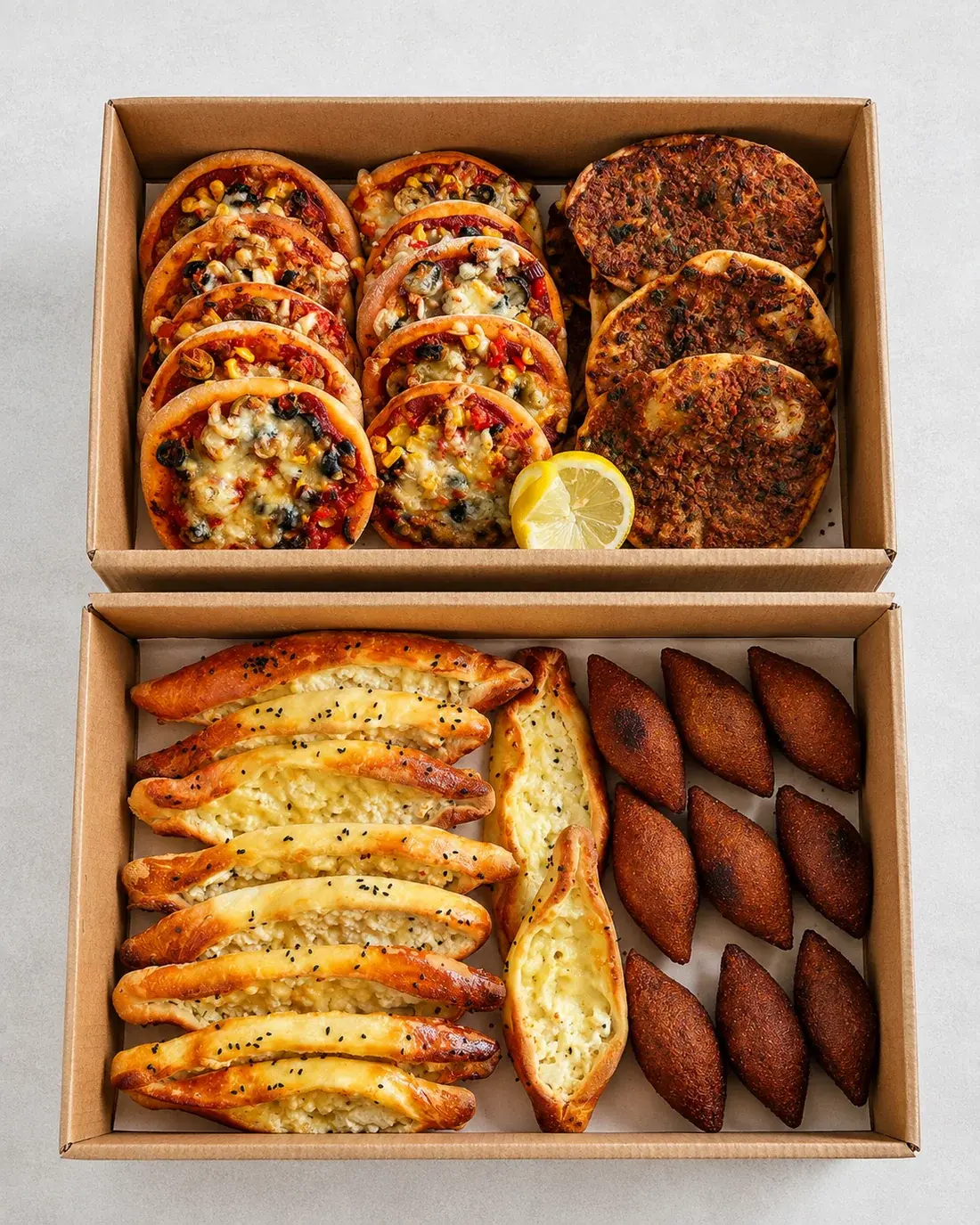 Houten kist met mini-lahmacun, versgebakken pide en kibbeh